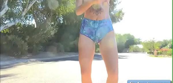  Naughty blonde young teen amateur Arya goes for a jog and masturbate in the middle of the road